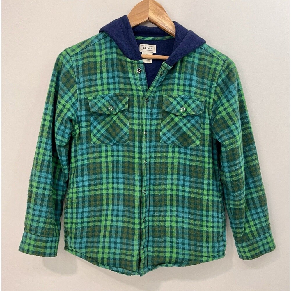 Boys LL Bean Plaid Flannel/Fleece Hoodie size M (10-12)